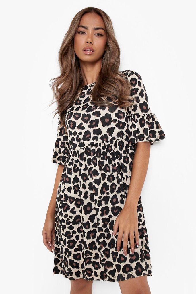 Womens Leopard Print Smock Dress - Brown - 8, Brown