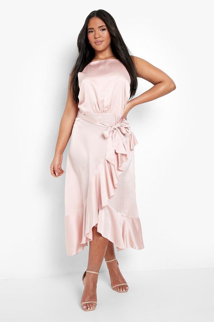 Womens Plus Satin Frill Wrap Midi Dress - Pink - 18, Pink