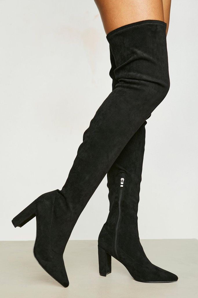 Womens Wide Fit Block Over The Knee Pointed Boot - Black - 3, Black