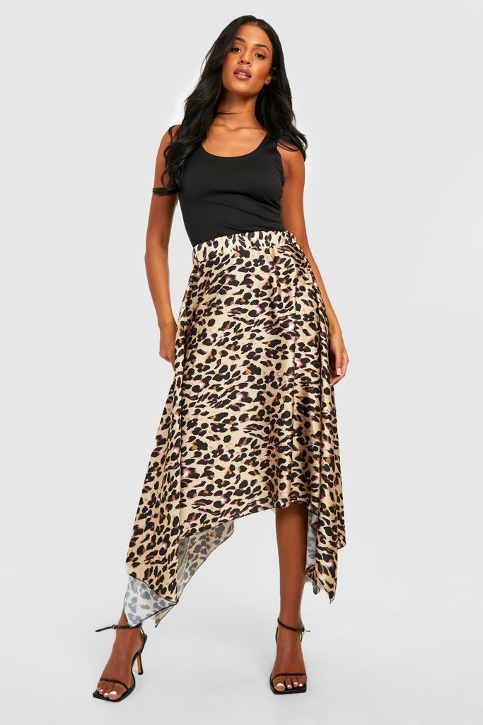 Womens Tall Satin Leopard Print Hanky Hem Midi Skirt - Brown - 6, Brown