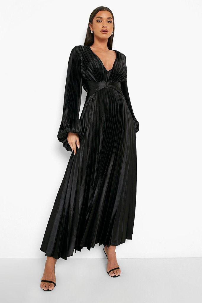 Womens Satin Pleated Blouson Sleeve Midi Dress - Black - 16, Black