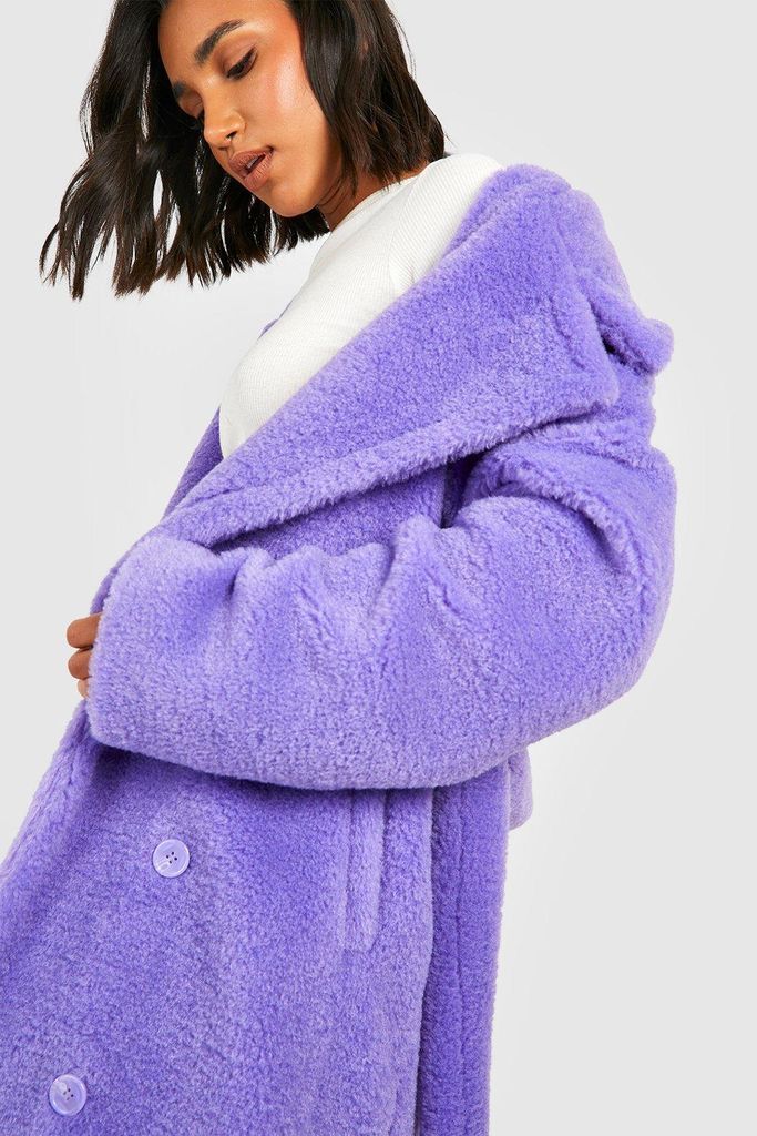 Womens Faux Fur Belted Coat - Purple - 8, Purple