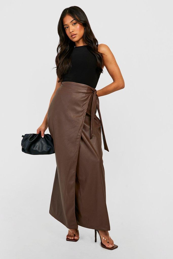 Womens Petite Pu Tie Wrapover Maxi Skirt - Brown - 4, Brown
