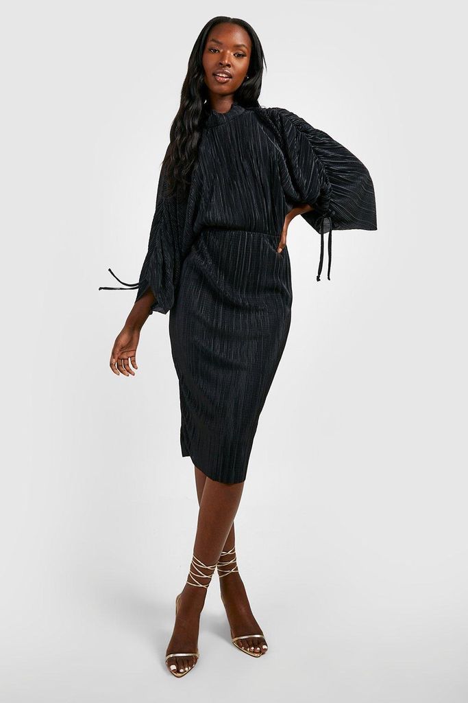 Womens Plisse High Neck Rouched Sleeve Midi Dress - Black - 8, Black