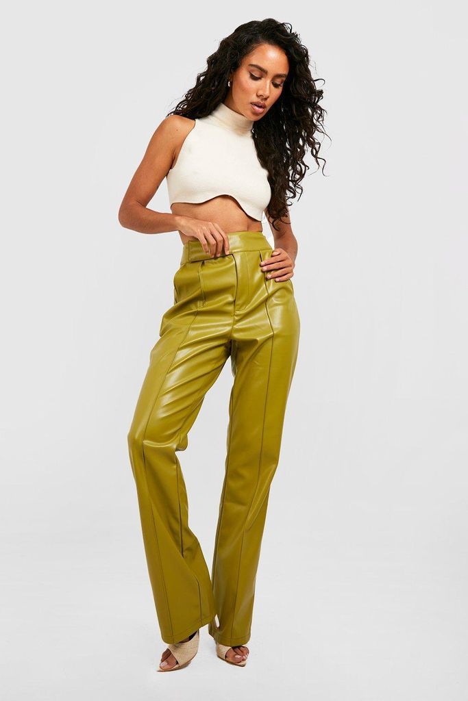 Womens Premium Seam Leather Look Straight Trousers - Green - 8, Green