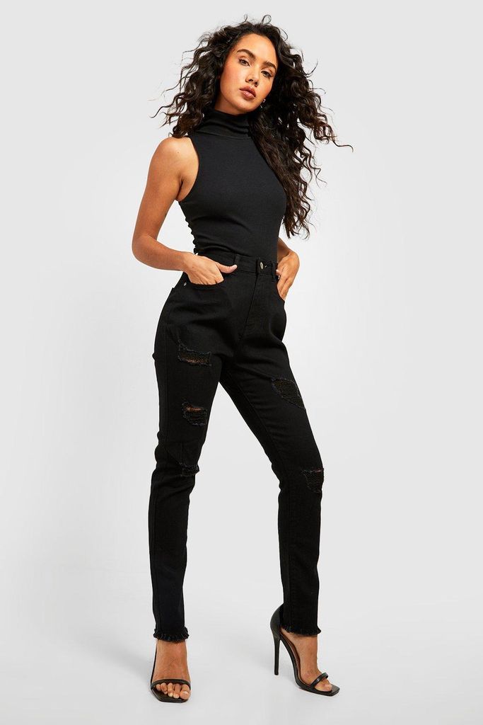 Womens Basic Frayed Hem Super Distressed Skinny Jeans - Black - 6, Black