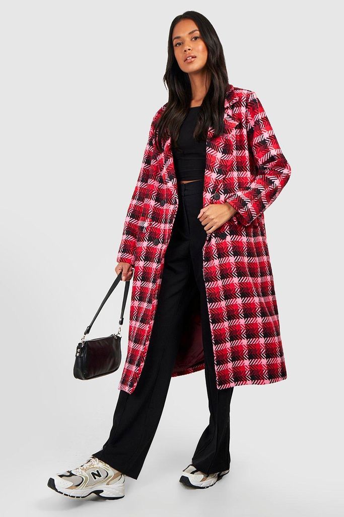 Womens Contrast Check Wool Look Coat - Red - 8, Red