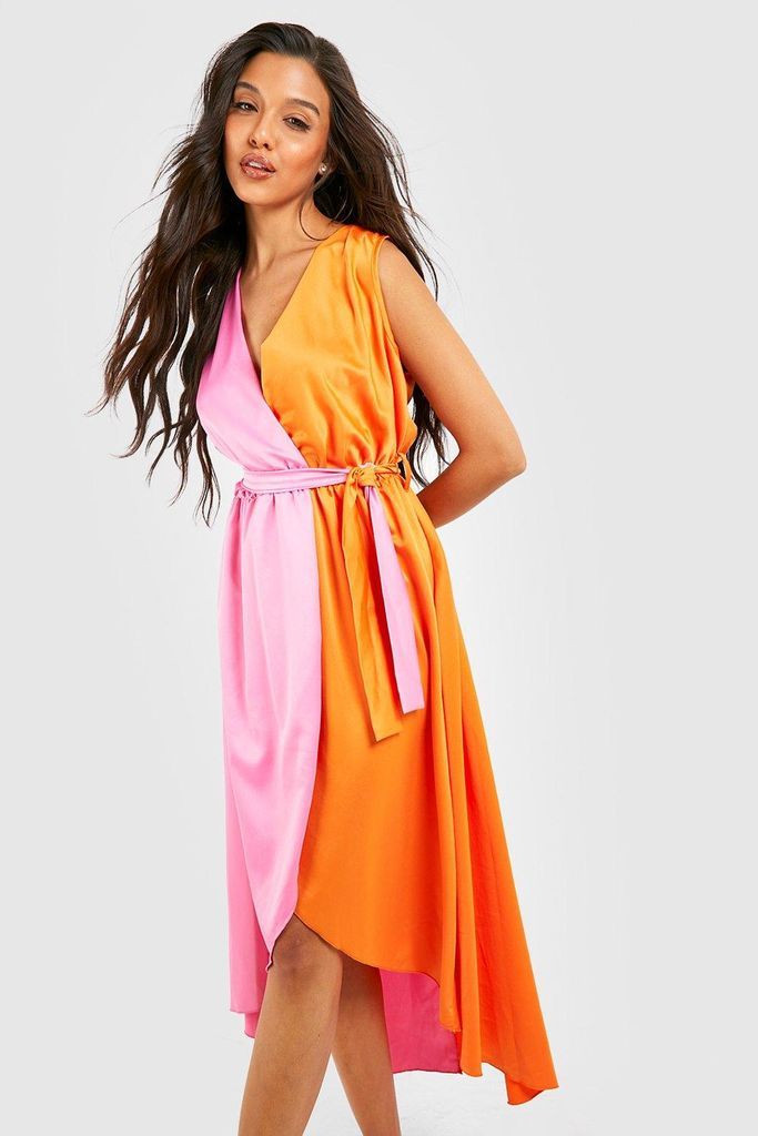Womens Colour Block Belted Midi Dress - Orange - 8, Orange