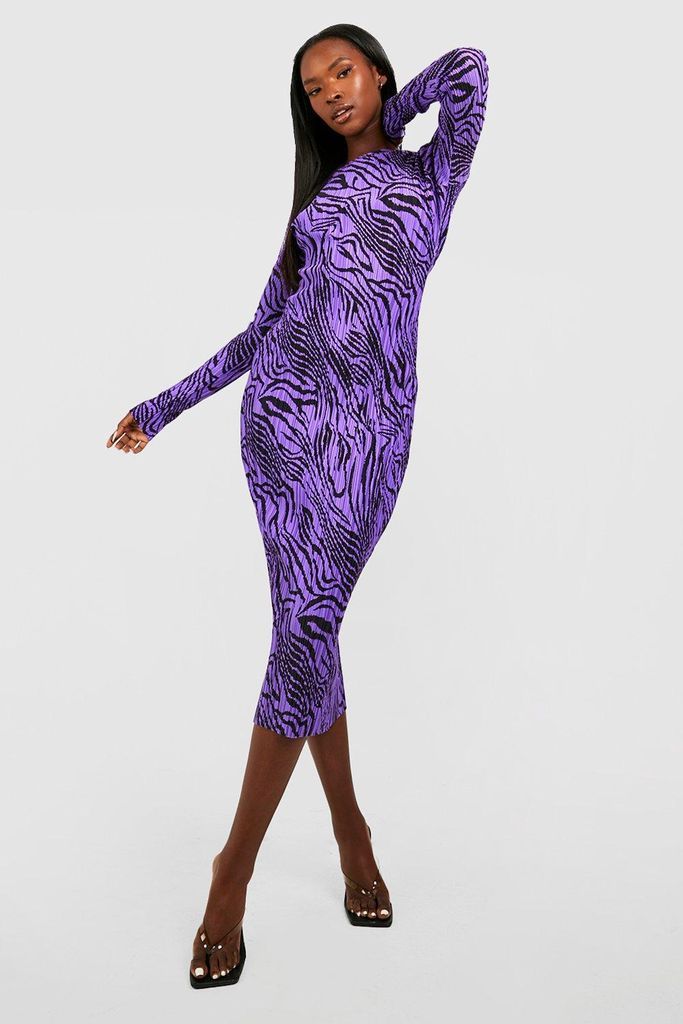 Womens Plisse Zebra Long Sleeve Midi Dress - Purple - 8, Purple