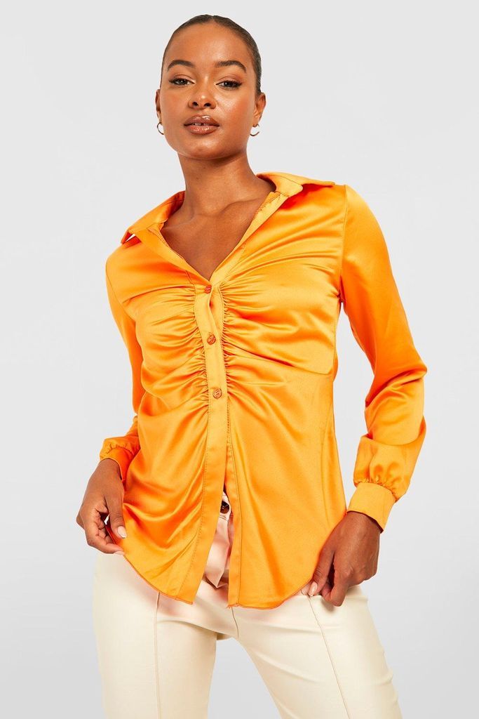 Womens Tall Ruched Relaxed Satin Shirt - Orange - 6, Orange