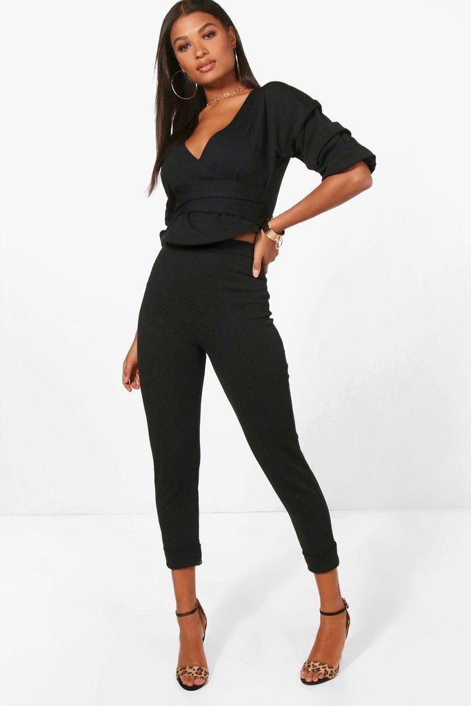 Womens Wrap Rouche Top And Trouser Co-Ord Set - Black - 8, Black