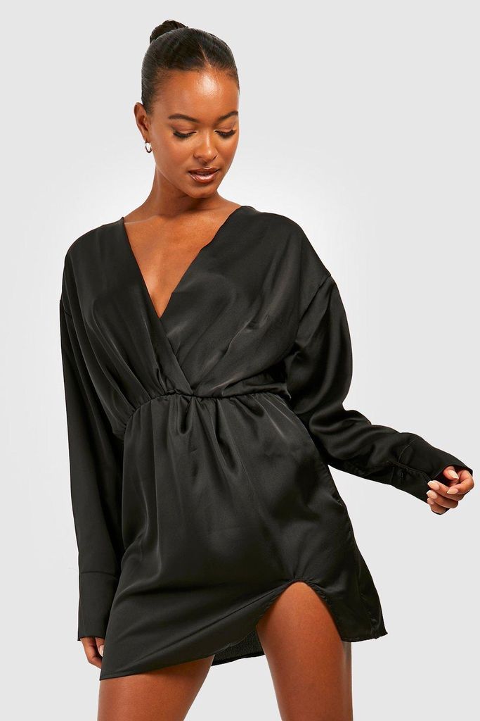 Womens Tall Satin Plunge Wrap Mini Dress - Black - 6, Black