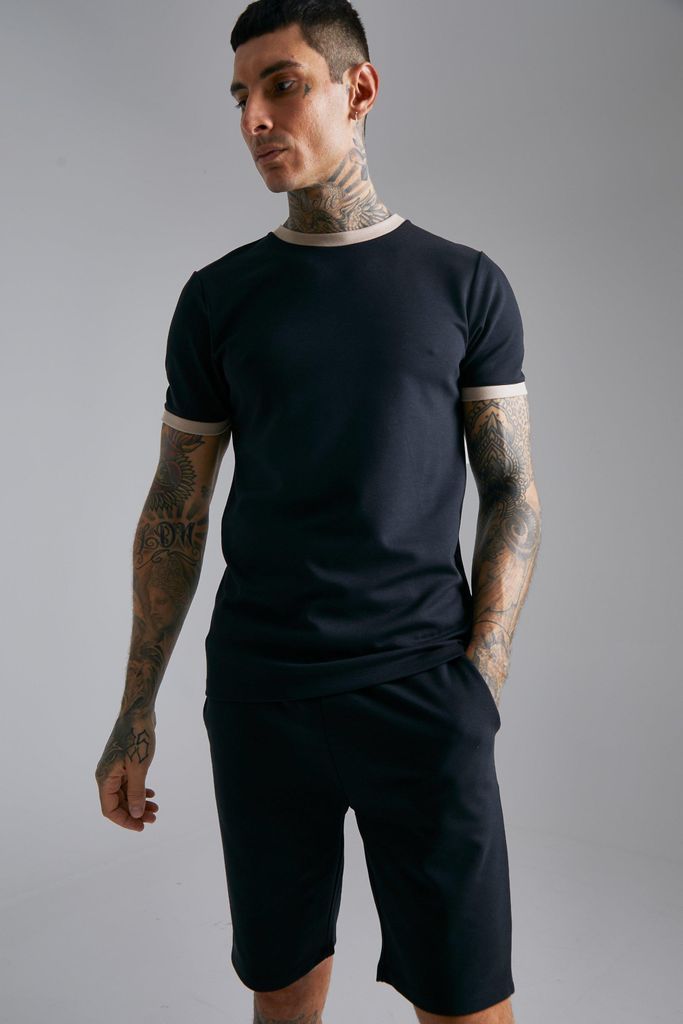 Men's Slim Fit Contrast T-Shirt & Short Set - Black - S, Black