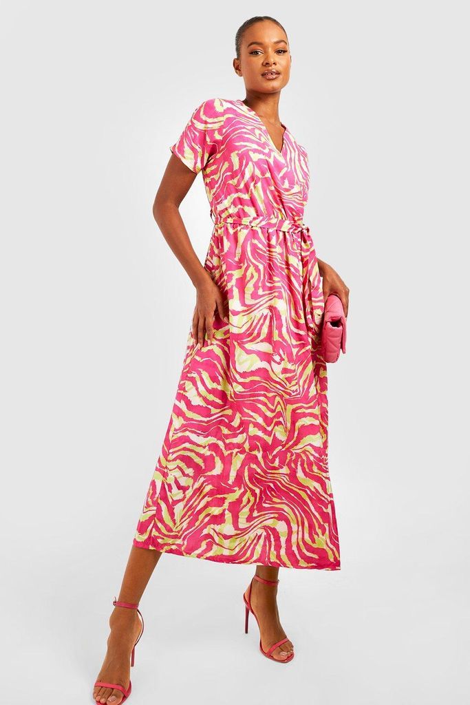 Womens Tall Zebra Print Wrap Pleated Midaxi Dress - Pink - 6, Pink