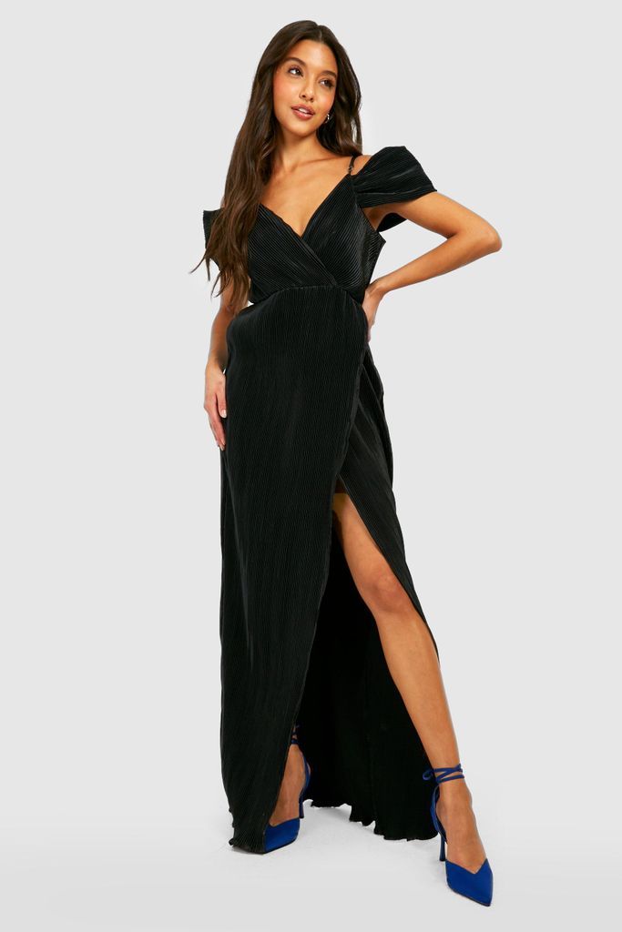 Womens Plisse Cold Shoulder Wrap Maxi Dress - Black - 8, Black