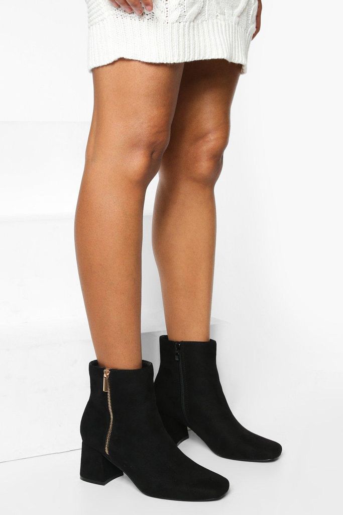 Womens Wide Fit Zip Detail Block Heel Ankle Boots - Black - 3, Black
