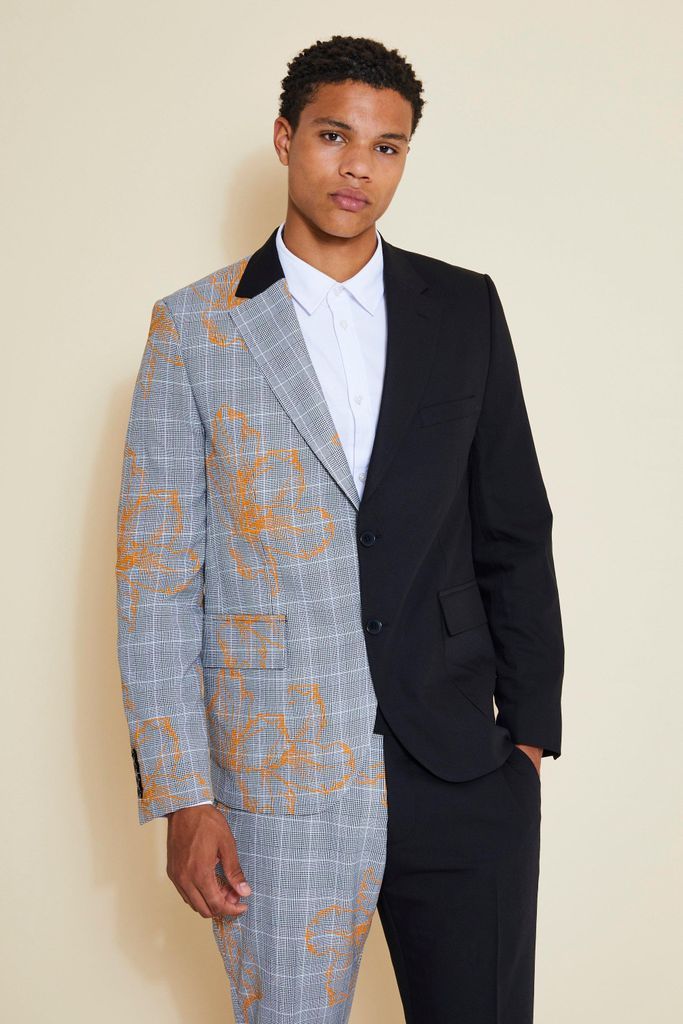Men's Relaxed Fit Spliced Floral Print Suit Jacket - Black - 36, Black