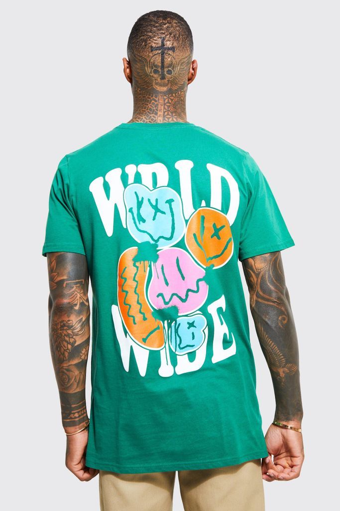 Men's Longline Worldwide Face Back Print T-Shirt - Green - L, Green