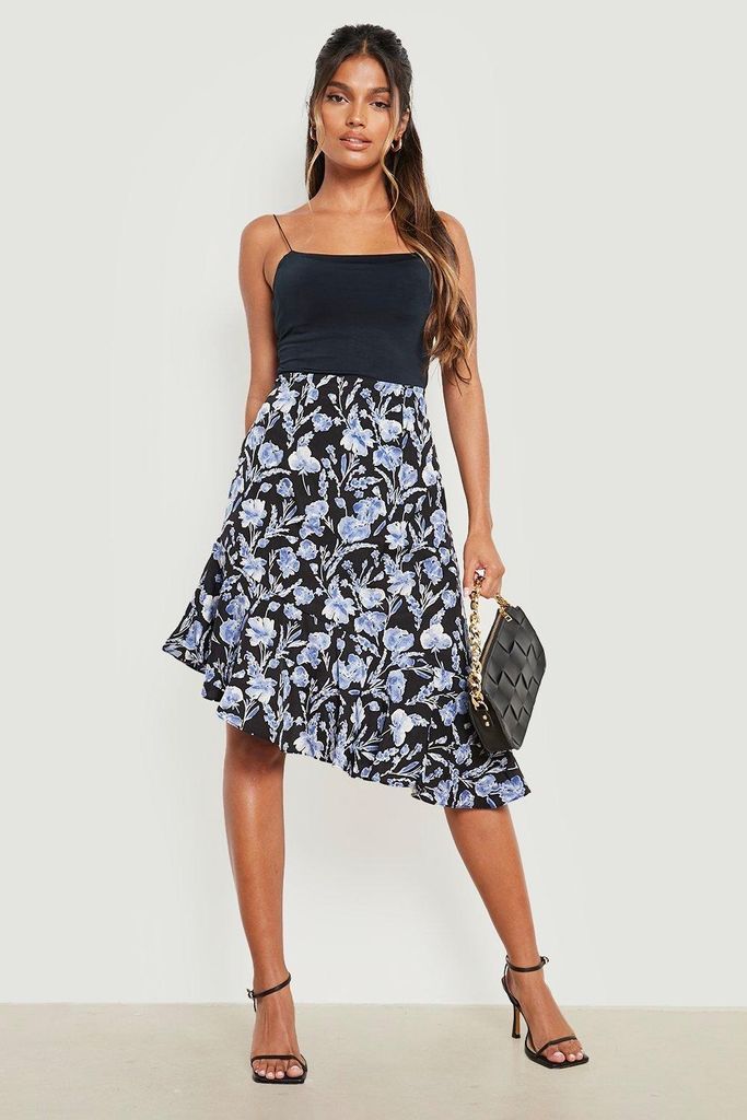 Womens Floral Asymmetric Woven Mini Skirt - Black - 6, Black