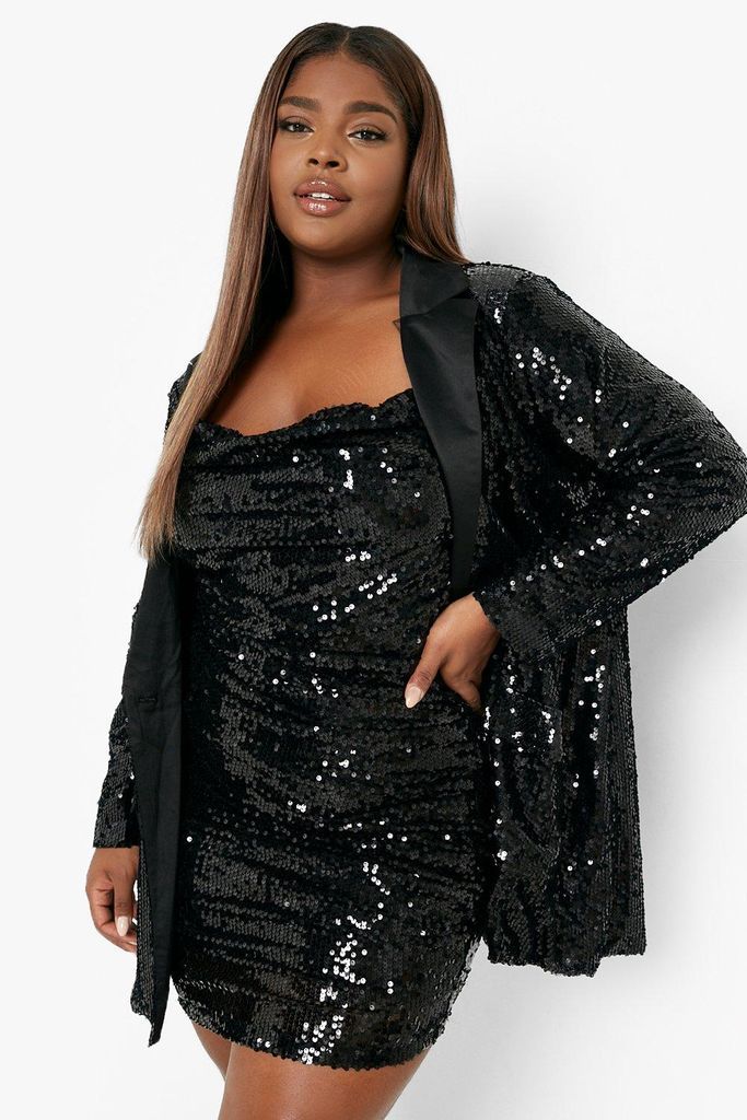 Womens Plus Sequin Dress & Blazer Set - Black - 16, Black