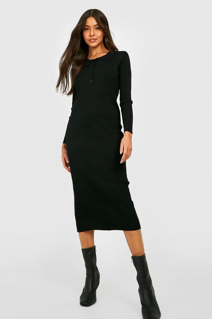 Womens Polo Collar Rib Knitted Midaxi Dress - Black - S/M, Black