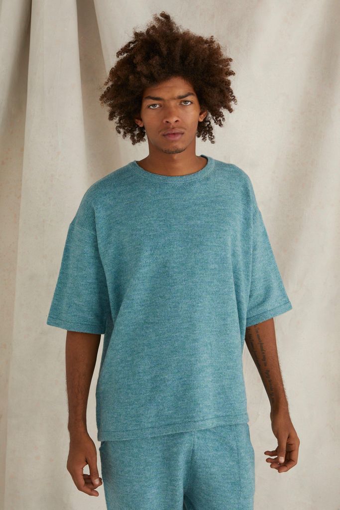 Men's Oversized Brushed Knitted T-Shirt - Blue - S, Blue