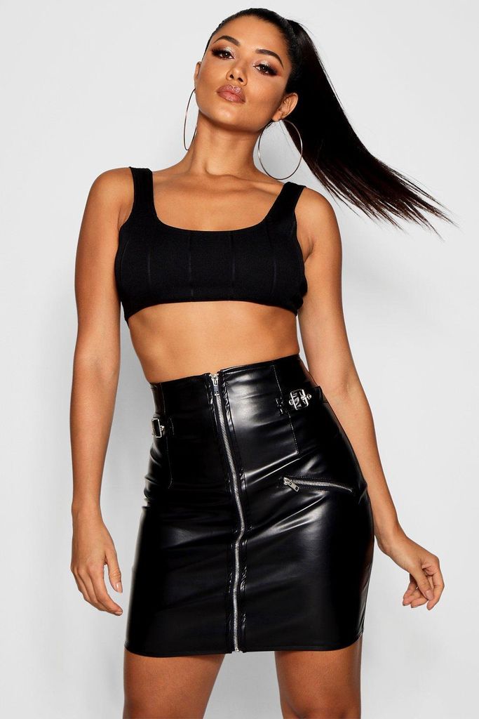 Womens Leather Look High Waist Buckle Mini Skirt - Black - 10, Black