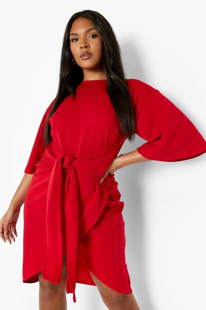 Womens Plus Kimono Sleeve Wrap Over Midi Dress - Red - 28, Red