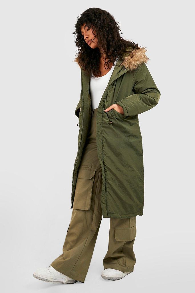 Womens Faux Fur Trim Parka Coat - Green - 8, Green