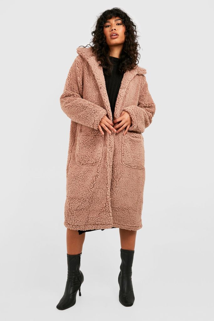 Womens Longline Teddy Faux Fur Coat - Beige - 8, Beige