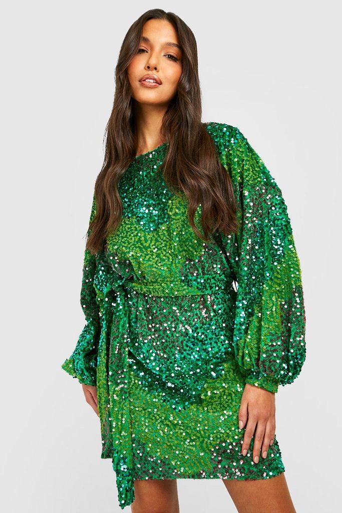 Womens Panelled Sequin Belted Mini Party Dress - Green - 8, Green