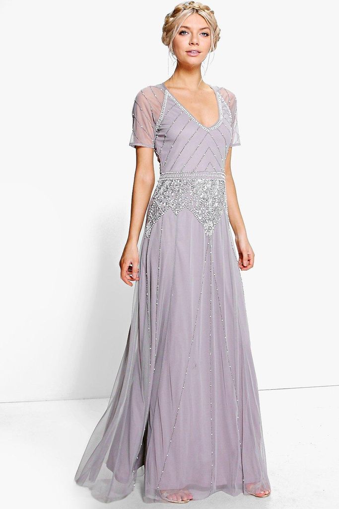 Womens Boutique Beaded Cap Sleeve Maxi Bridesmaid Dress - Grey - 16, Grey