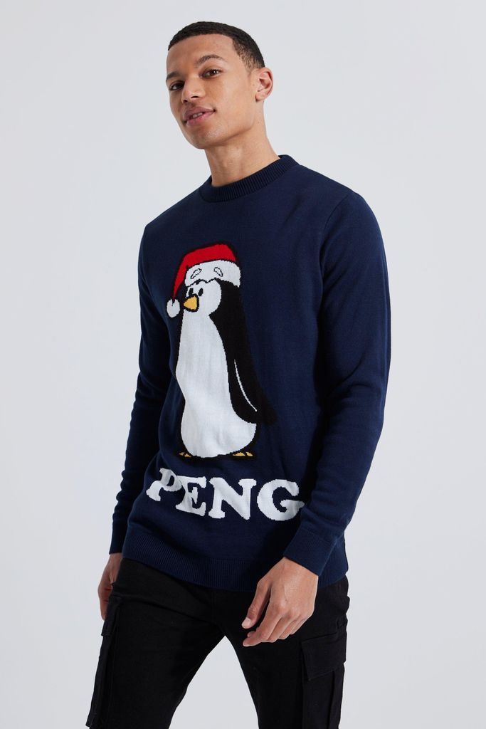 Men's Tall Peng Novelty Christmas Jumper - Navy - S, Navy