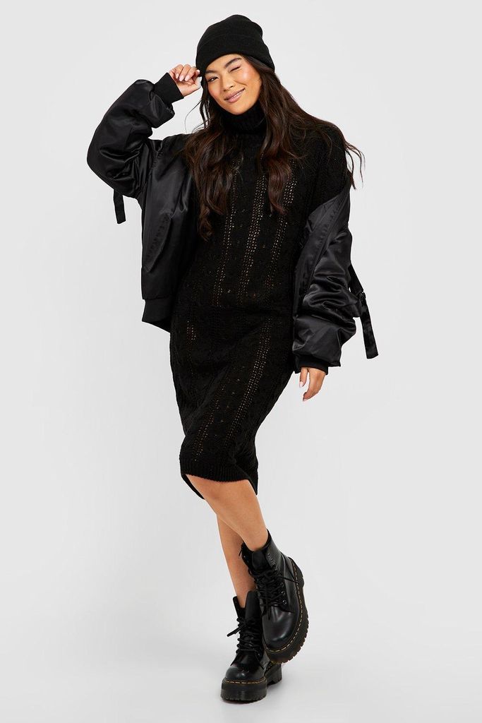 Womens Roll Neck Cable Knit Midi Dress - Black - S, Black