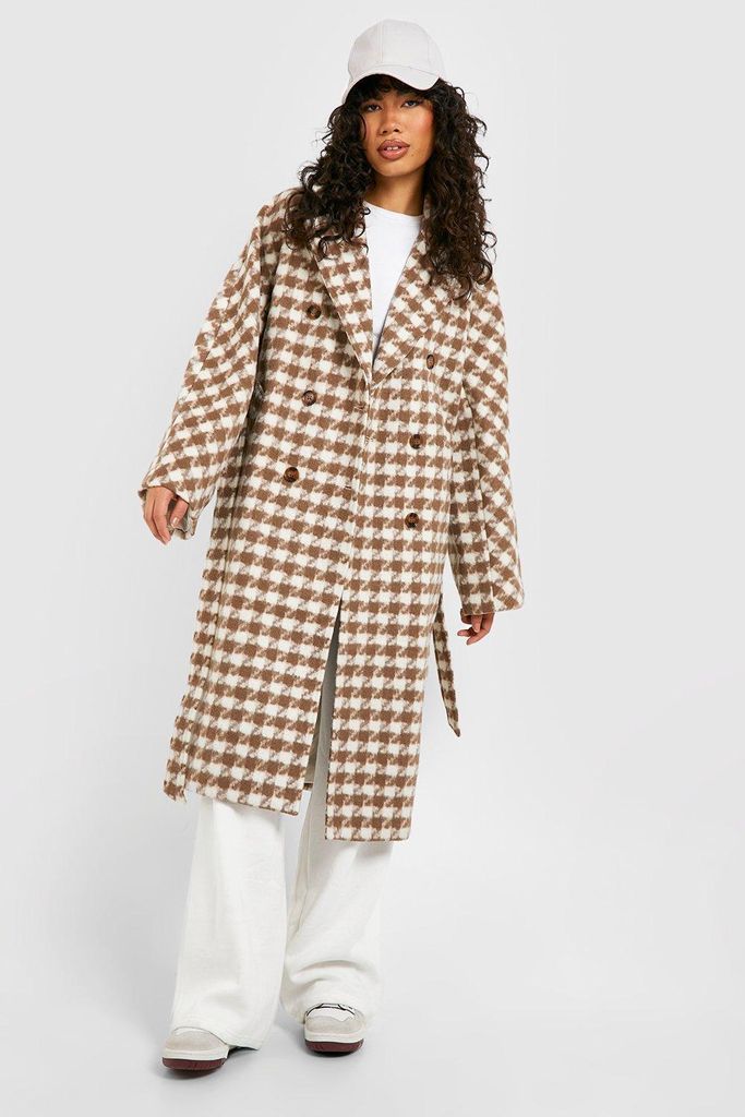 Womens Dogtooth Belted Wool Look Coat - Beige - 8, Beige