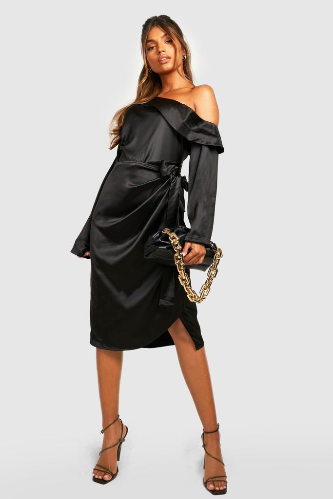 Womens Satin Slash Neck Midi Dress - Black - 8, Black