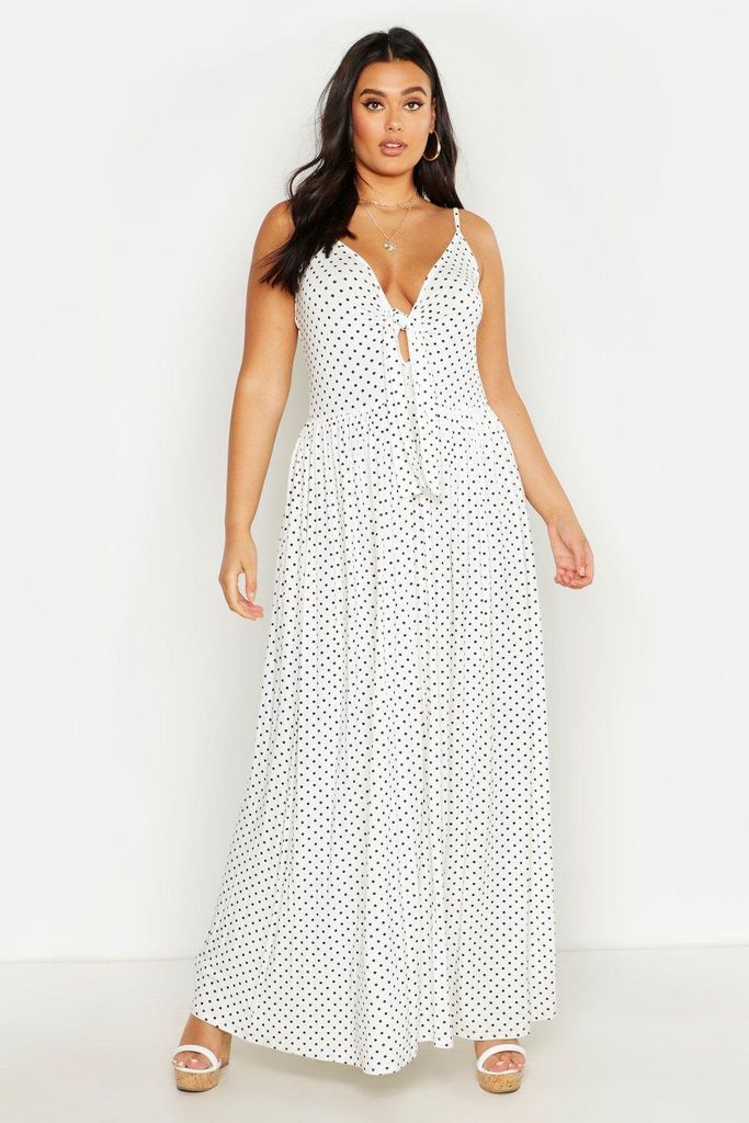 Womens Plus Polka Dot Strappy Knot Front Maxi Dress - White - 16, White