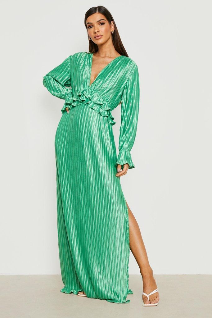 Womens Pleated Plunge Ruffle Detail Maxi Dress - Green - 8, Green