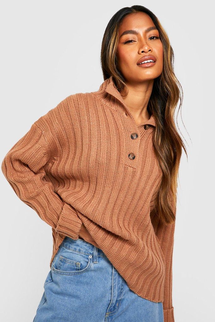 Womens Polo Collar Knitted Jumper With Rolled Up Cuffs - Beige - S, Beige