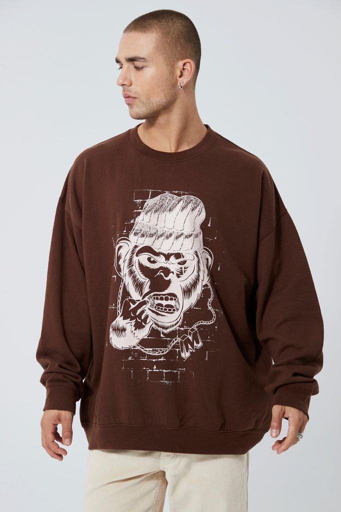 Men's Oversized Monkey Stencil Print Sweatshirt - Brown - S, Brown