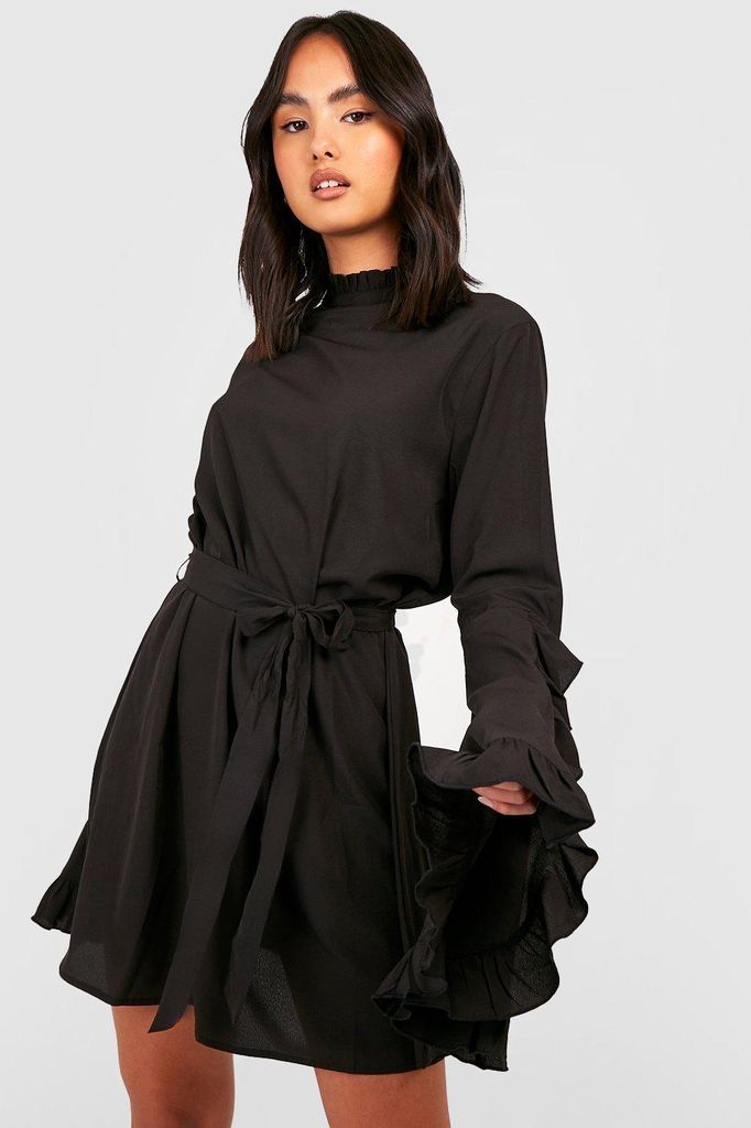 Womens Boho High Neck Wide Sleeve Shift Dress - Black - 8, Black