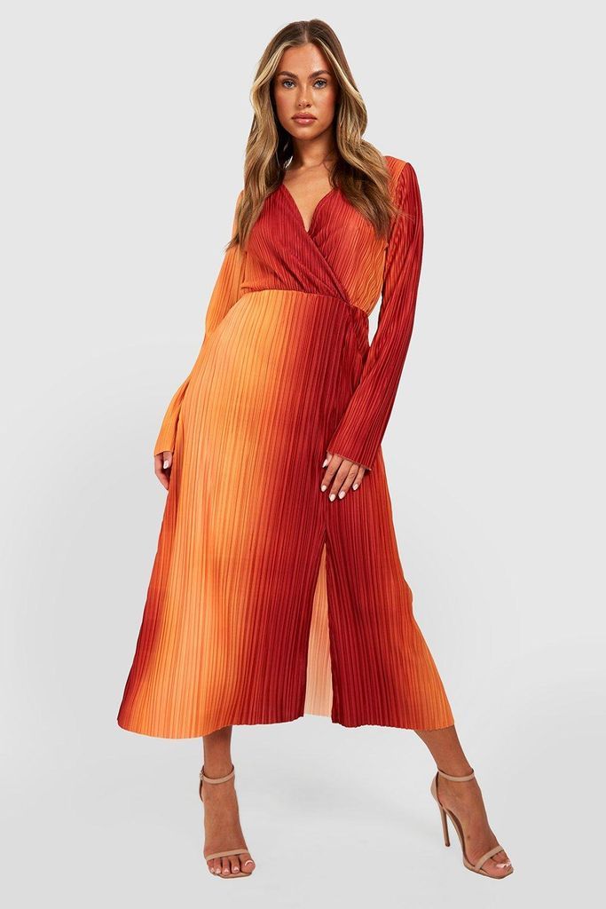 Womens Plisse Ombre Wrap Midaxi Dress - Orange - 8, Orange