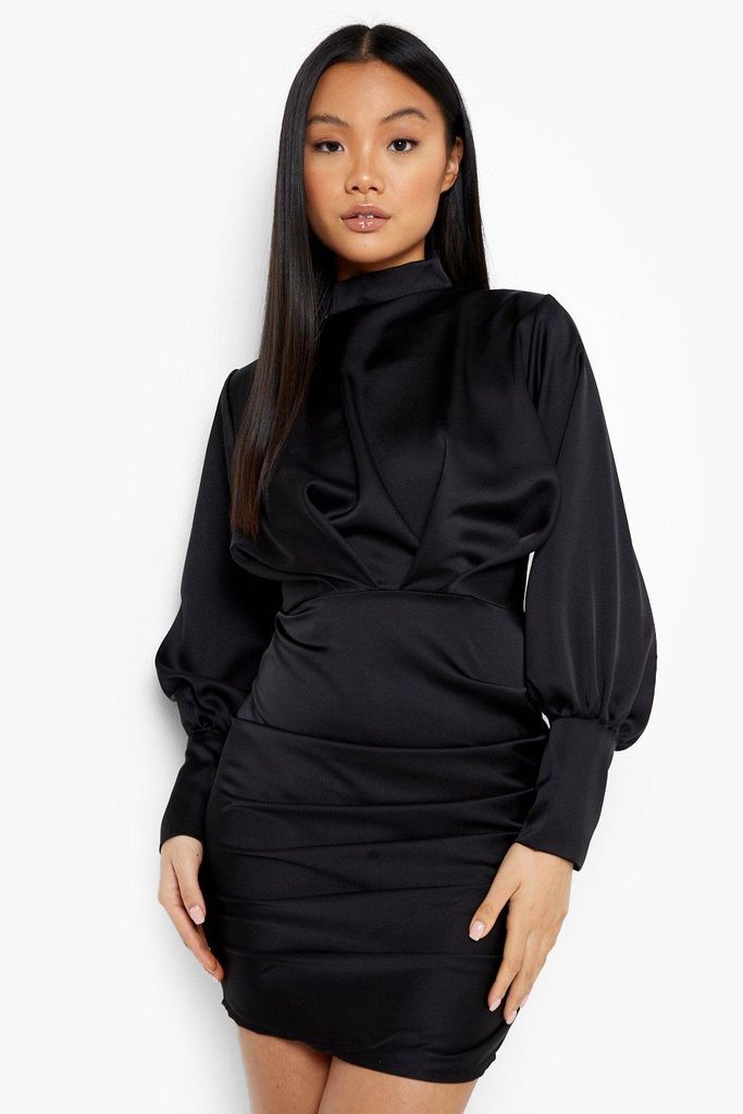 Womens Petite High Neck Button Cuff Ruched Dress - Black - 8, Black