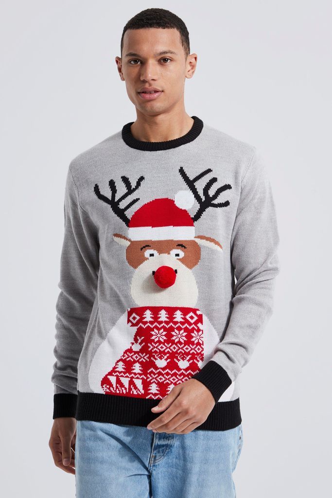 Men's Tall Reindeer Santa Hat Christmas Jumper - Grey - S, Grey