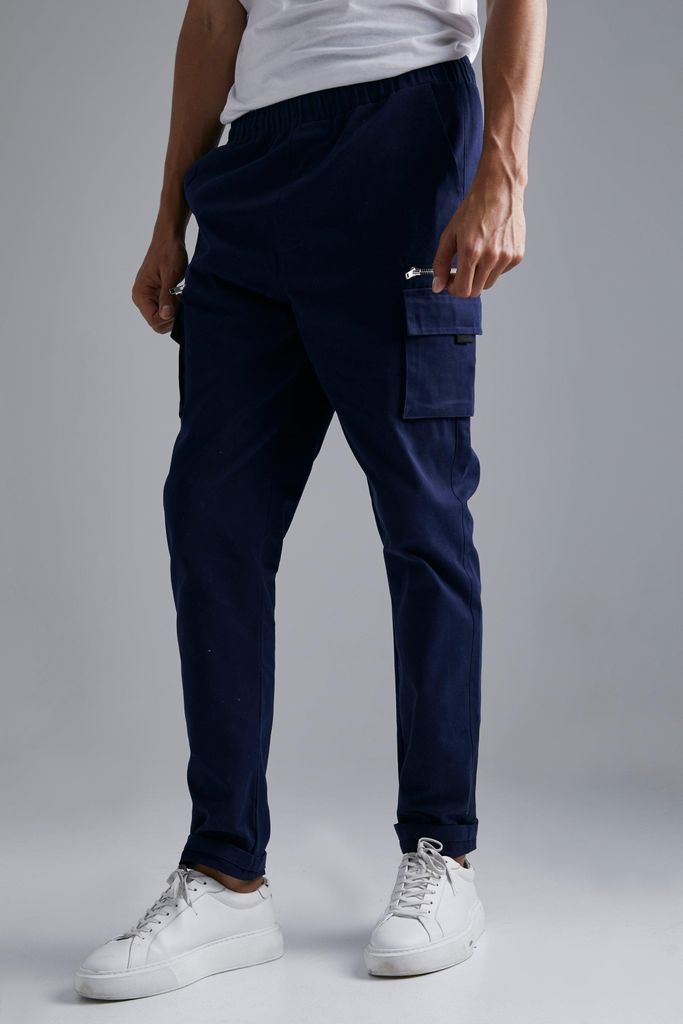 Men's Tall Slim Fit Twill Zip Pocket Cargo Trouser - Navy - S, Navy