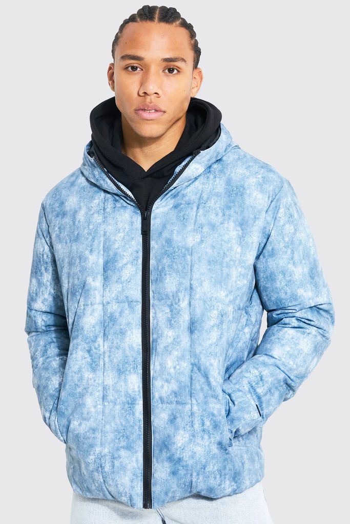 Men's Tall Tie Dye Square Panel Hooded Puffer - Blue - S, Blue