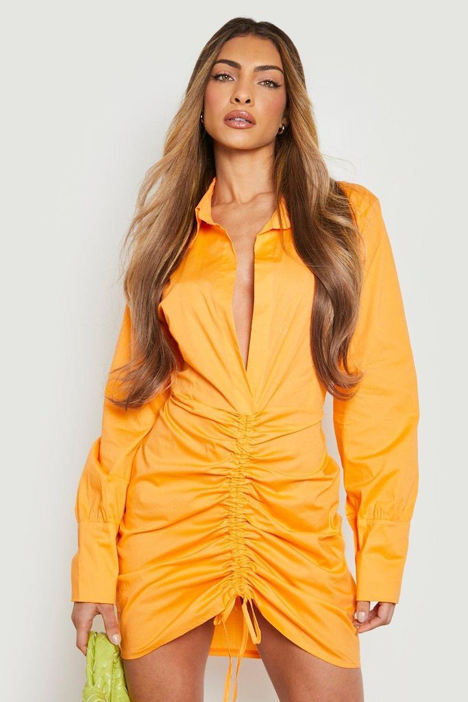 Womens Cotton Ruched Front Shirt Dress - Orange - 8, Orange