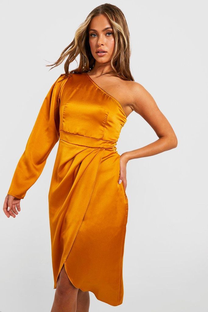 Womens Satin Asymmetric Draped Midi Dress - Yellow - 8, Yellow