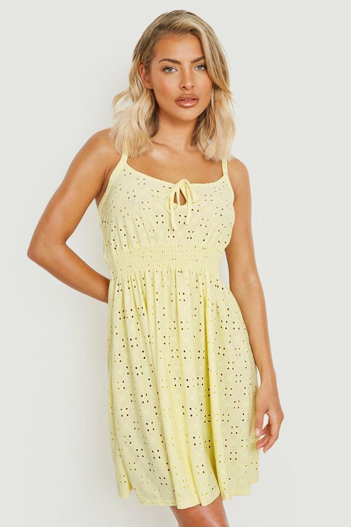 Womens Broderie Shirred Strappy Sundress - Yellow - 12, Yellow