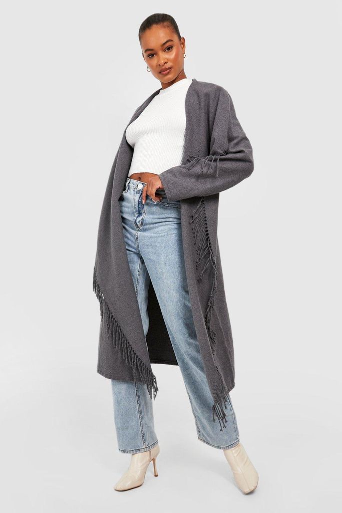 Womens Tall Fringe Edge Waterfall Wool Look Coat - Grey - 6, Grey